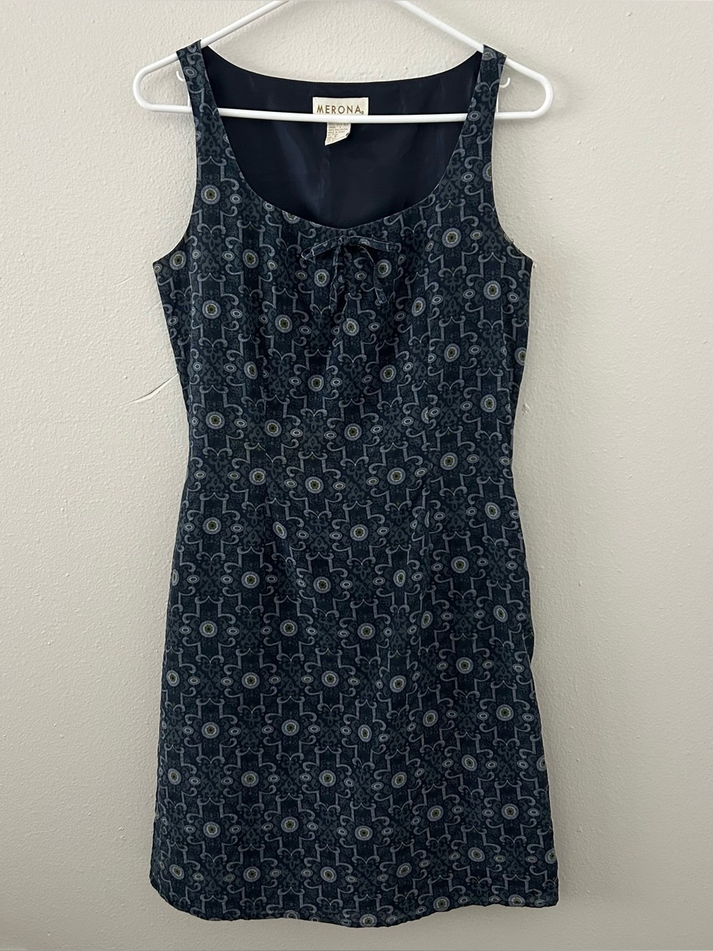 Merona 100% Silk Printed Sleeveless Shift Dress Women’s 8 Blue Green 90s Vintage